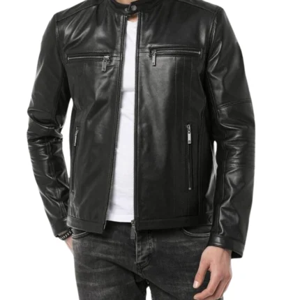 Mens Black Biker Leather Jacket With SnapTab Collar