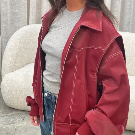 Women's Red Oversized Contrast Stitch Jacket