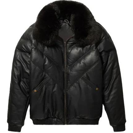 Goose Down V Bomber Leather Jacket Black