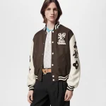 New Looks Unisex Louis Vuitton Embroidered Flower Brown Varsity Jacket