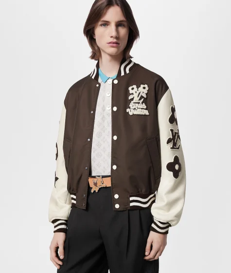 New Looks Unisex Louis Vuitton Embroidered Flower Brown Varsity Jacket