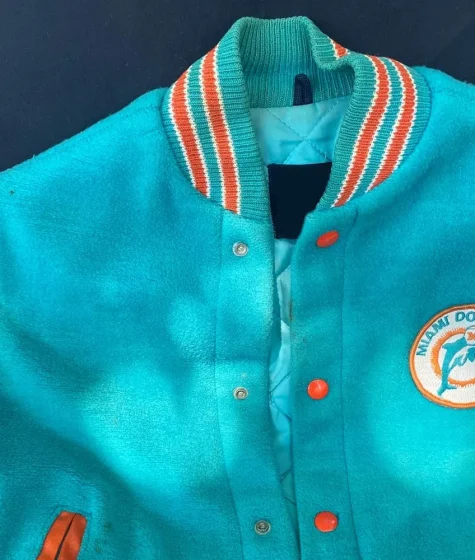 1970’s Miami Dolphins Aqua and Orange Full-Snap Wool Leather Varsity Jacket