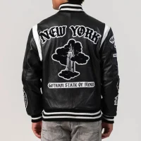 2025 New York Vintage Style Embroidery Black Leather Lettermen Varsity Jacket