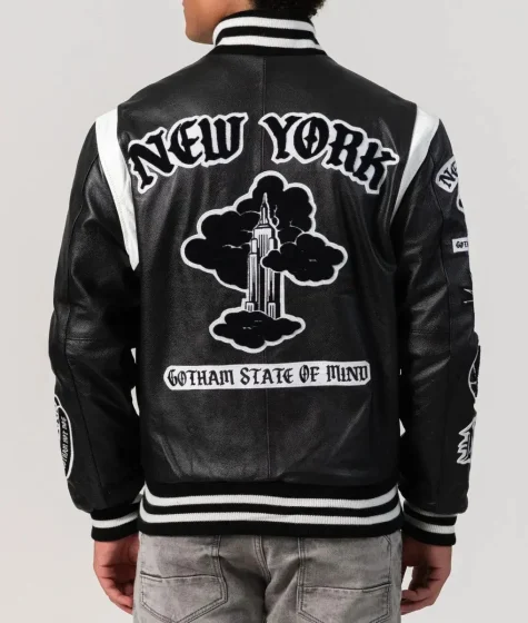 2025 New York Vintage Style Embroidery Black Leather Lettermen Varsity Jacket