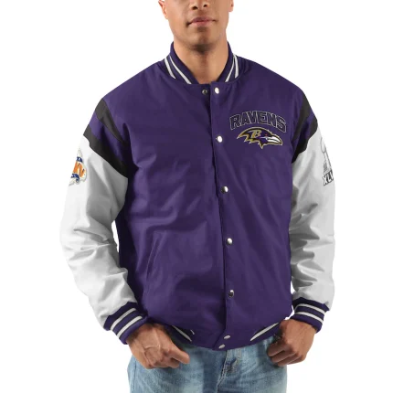 Men's G-III Sports by Carl Banks PurpleWhite Baltimore Ravens Home Team Cotton Canvas Varsity Jacket