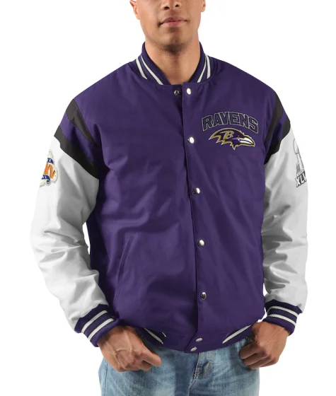 Men's G-III Sports by Carl Banks PurpleWhite Baltimore Ravens Home Team Cotton Canvas Varsity Jacket