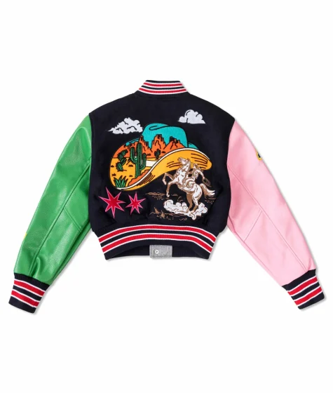 New Vintage Style Wild and Free Embroidery Cropped Varsity Jacket