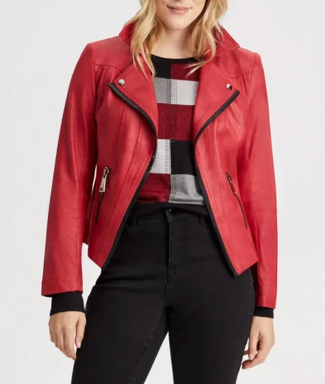Women’s Vex Red Leather Zipper Trim Jacket
