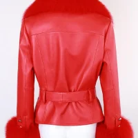 Buy Women's Belted Style Red Leather Coat Jacket With Fur for Sale