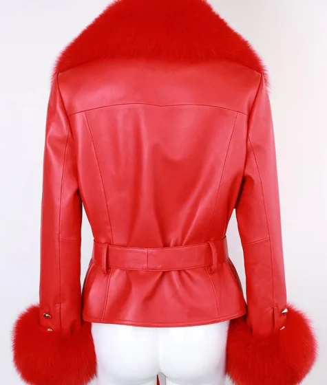 Buy Women's Belted Style Red Leather Coat Jacket With Fur for Sale
