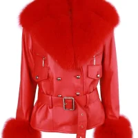 Women Red Leather Coat Jacket With Fur