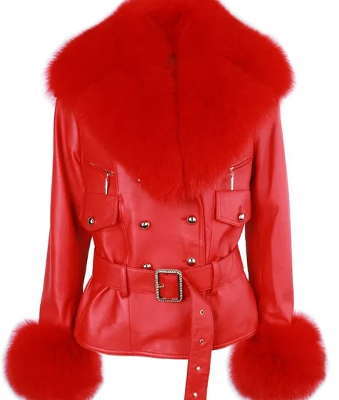 Women Red Leather Coat Jacket With Fur