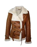 Women’s Double Breasted Tan Brown Shearling Jacket
