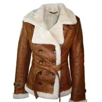 Women’s Double Breasted Tan Brown Shearling Jacket