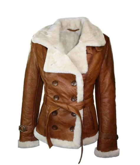 Women’s Double Breasted Tan Brown Shearling Jacket