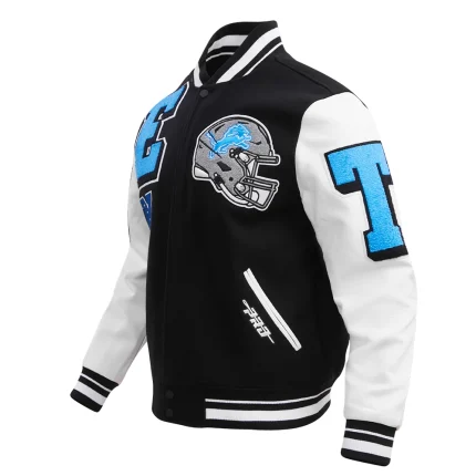 Detroit Lions Mashup Wool & Leather Black White Varsity Jacket
