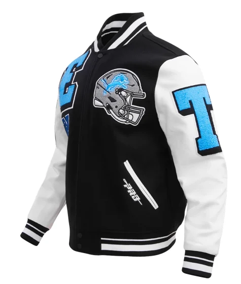 Detroit Lions Mashup Wool & Leather Black White Varsity Jacket