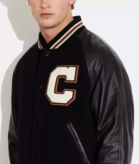 Coach Black Full-Snap Varsity Full-Snap Wool Leather Jacket