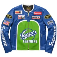 Supreme Leather Star Vanson Jacket blue and green