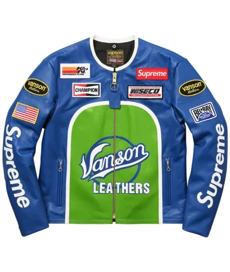 Supreme Leather Star Vanson Jacket blue and green