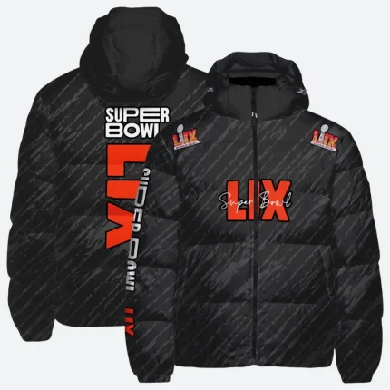 Limited Design Super Bowl LIX Down Black Hooded Puffer Jacket