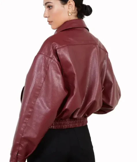 Burgundy Bomber Short Leather Jacket Women's