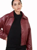 Burgundy Bomber Short Leather Jacket Women's for Sale