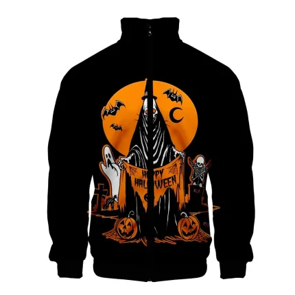 Halloween Pumpkin Print Orange Bomber Jacket