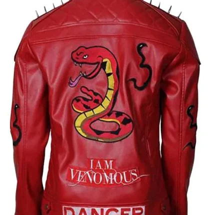 I Am Venomous Last Bite Snake Logo Danger Red Studded Biker Leather Jacket