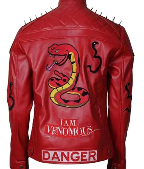 I Am Venomous Last Bite Snake Logo Danger Red Studded Biker Leather Jacket