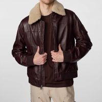 Men's Leather Bomber Aviator Jacket With Fur Hooded