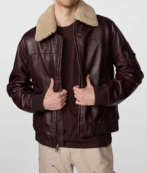 Men's Leather Bomber Aviator Jacket With Fur Hooded