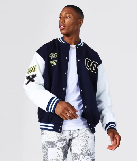 Navy Jersey Varsity Bomber Jacket