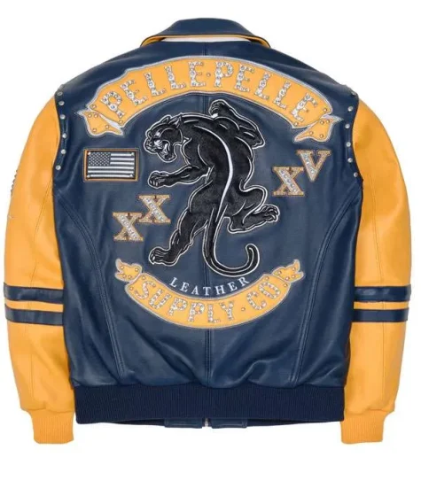 35th Division Pelle Pelle Panther Blue and Yellow Bomber Leather Jacket