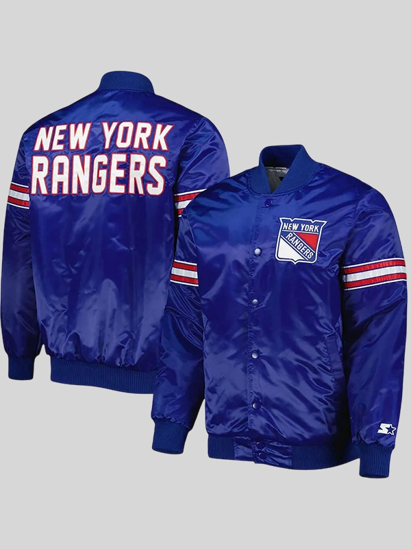New York Rangers Starter Blue Satin Full-Snap Varsity Jacket New York Rangers Starter Blue Satin Full-Snap Varsity Jacket
