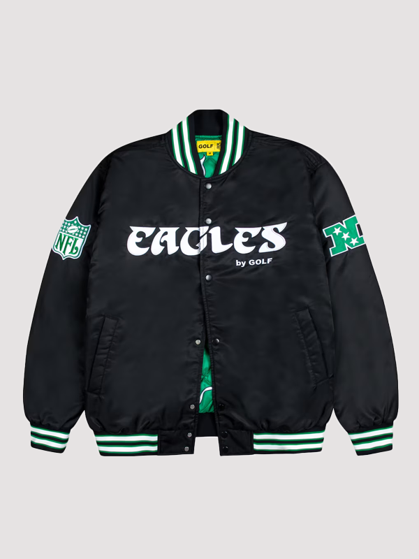 Philadelphia Eagles GOLF WANG Black Satin Full-Snap Jacket Philadelphia Eagles GOLF WANG Black Satin Full-Snap Jacket